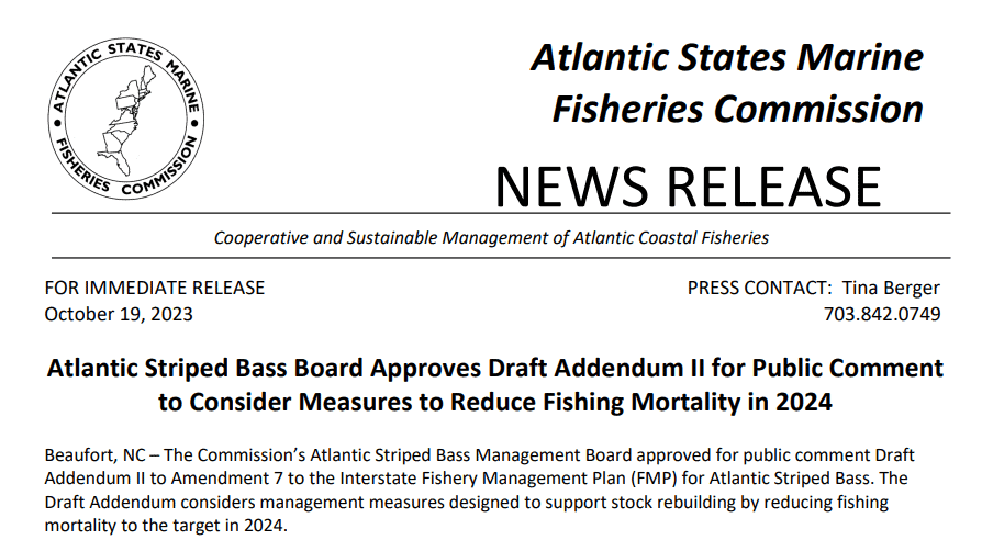 Atlantic Striped Bass Board Approves Draft Addendum II for Public Comment